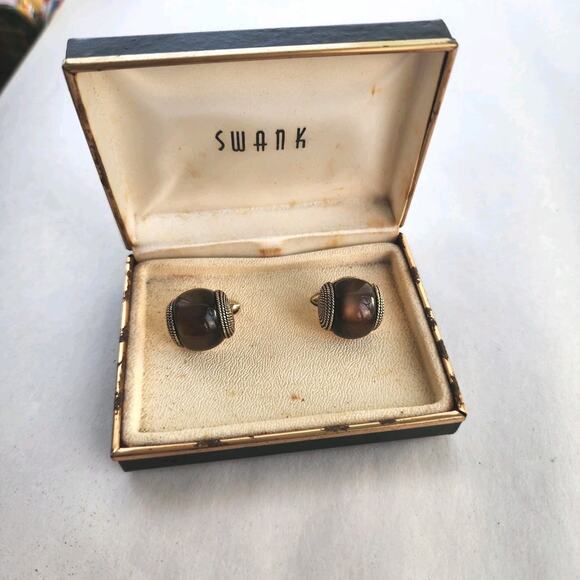 SWANK Vtg Cuff Link Vintage Cufflinks Men's Pair Men's Jewel Brown Cat's Eye New - Picture 2 of 8